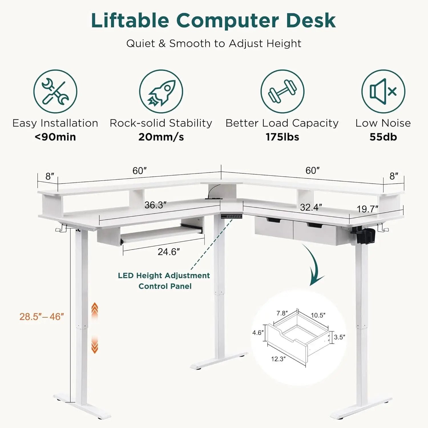 60 Inch L Shaped Electric Standing Desk Antique White from PriceLows™