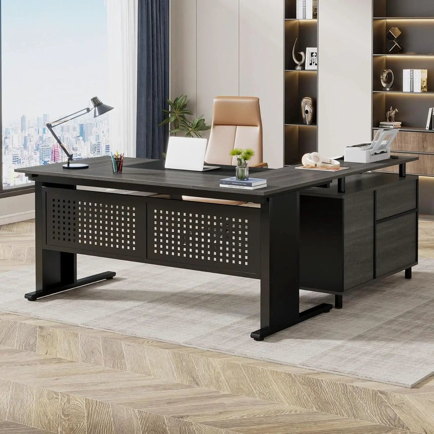 63 Inch Executive Desk With Integrated Cabinet Gray from PriceLows™