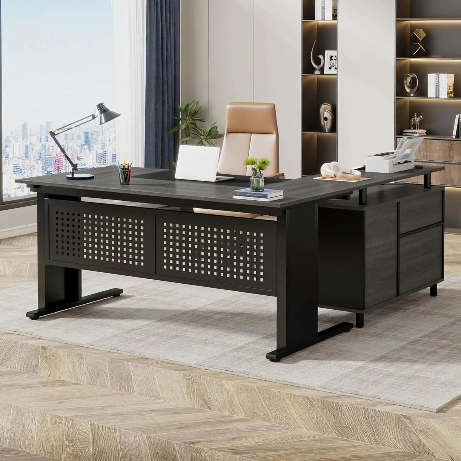 63 Inch Executive Desk With Integrated Cabinet Gray from PriceLows™