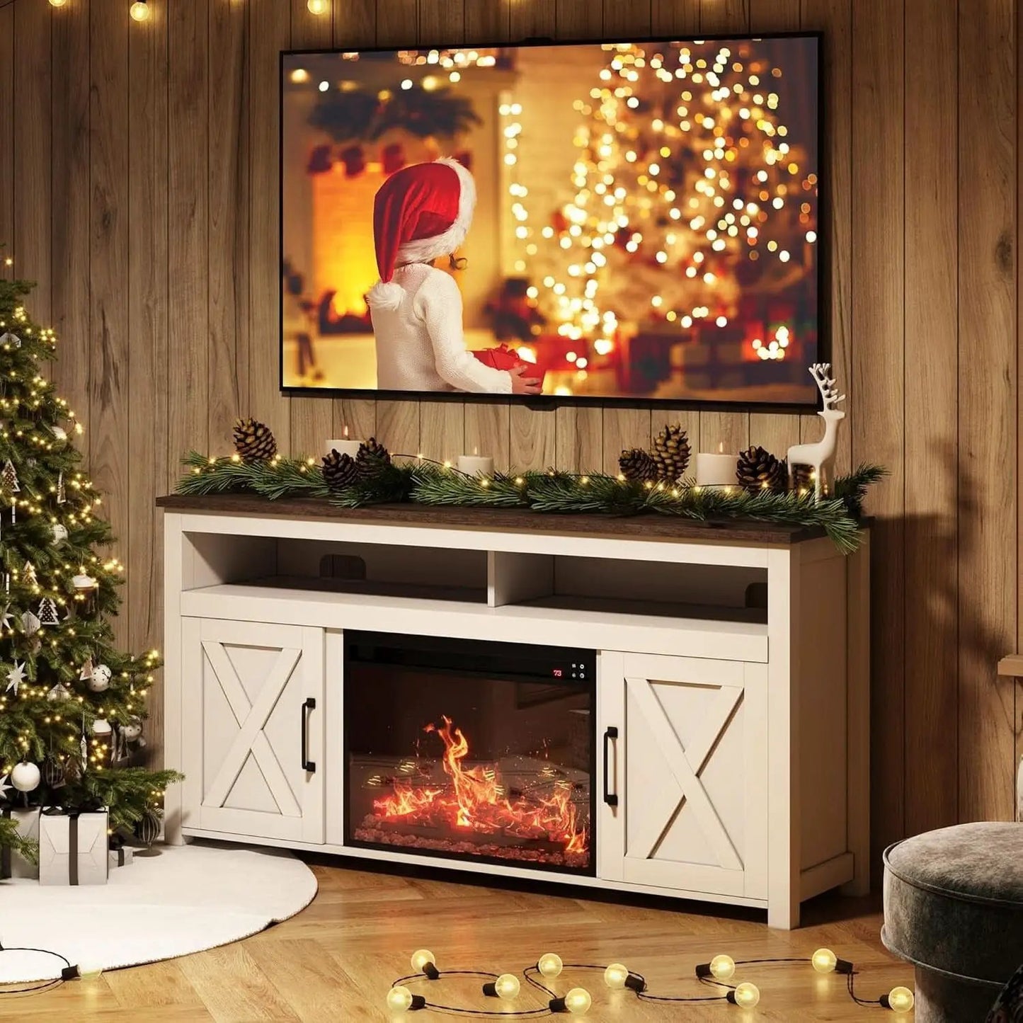 58 Inch White Farmhouse Fireplace TV Stand Cabinet from PriceLows™
