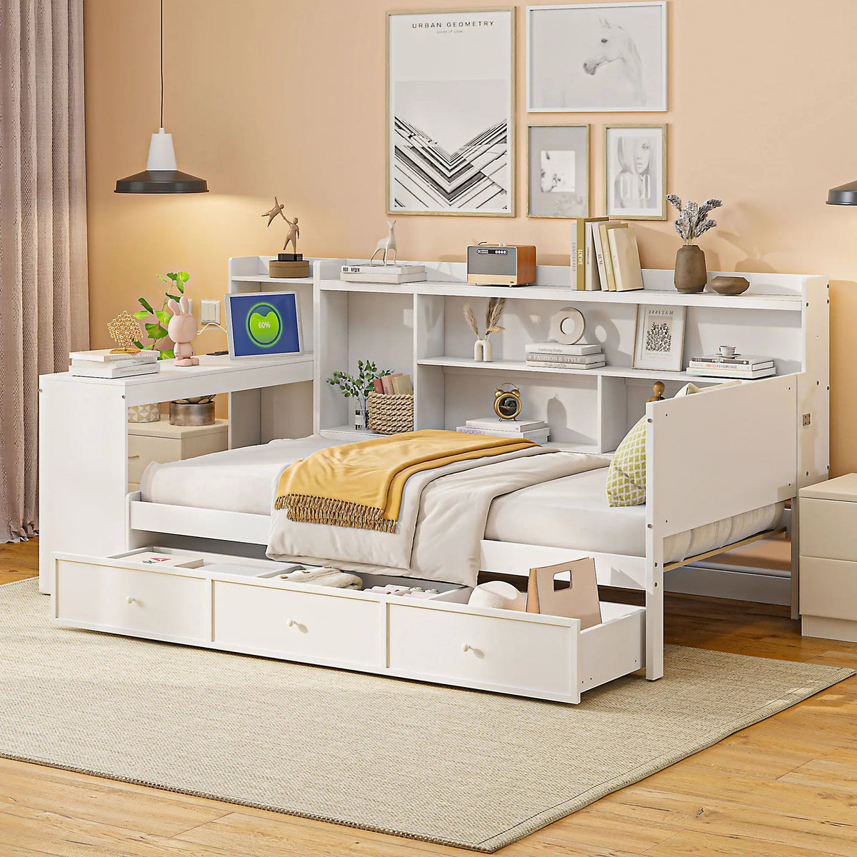 Pine Wood Daybed | 3 Drawers | USB Ports | Built-In Desk
