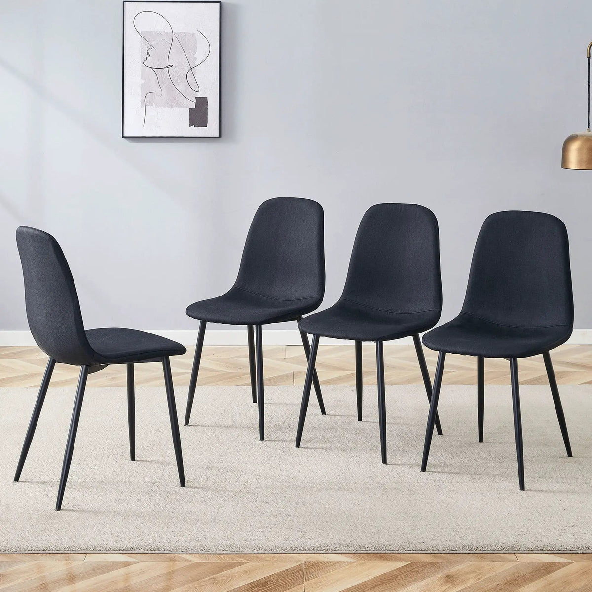 Modern Medieval Style Cushioned Side Chairs Set With Metal Legs For Kitchens | 2 Pieces | Fabric & Metal | Dining Room