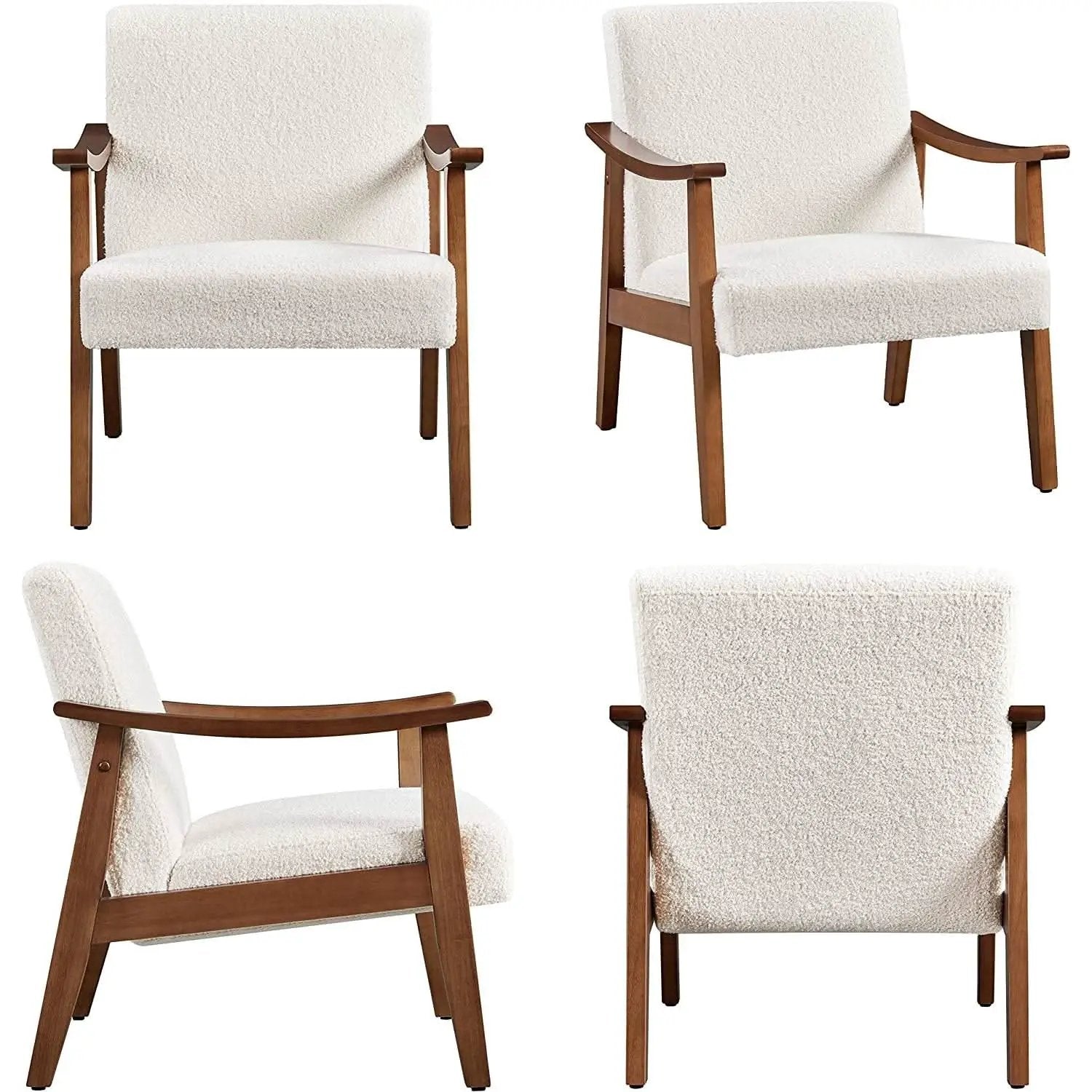 Mid Century Ivory Accent Chair With Wood Legs Boucle Upholstery from PriceLows™
