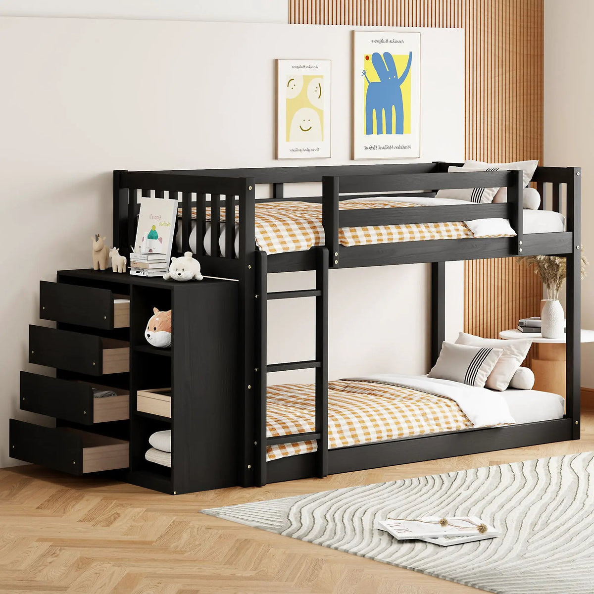 Bunk Bed | Solid Pine Frame | Four Drawers And Three Shelves | Full Size