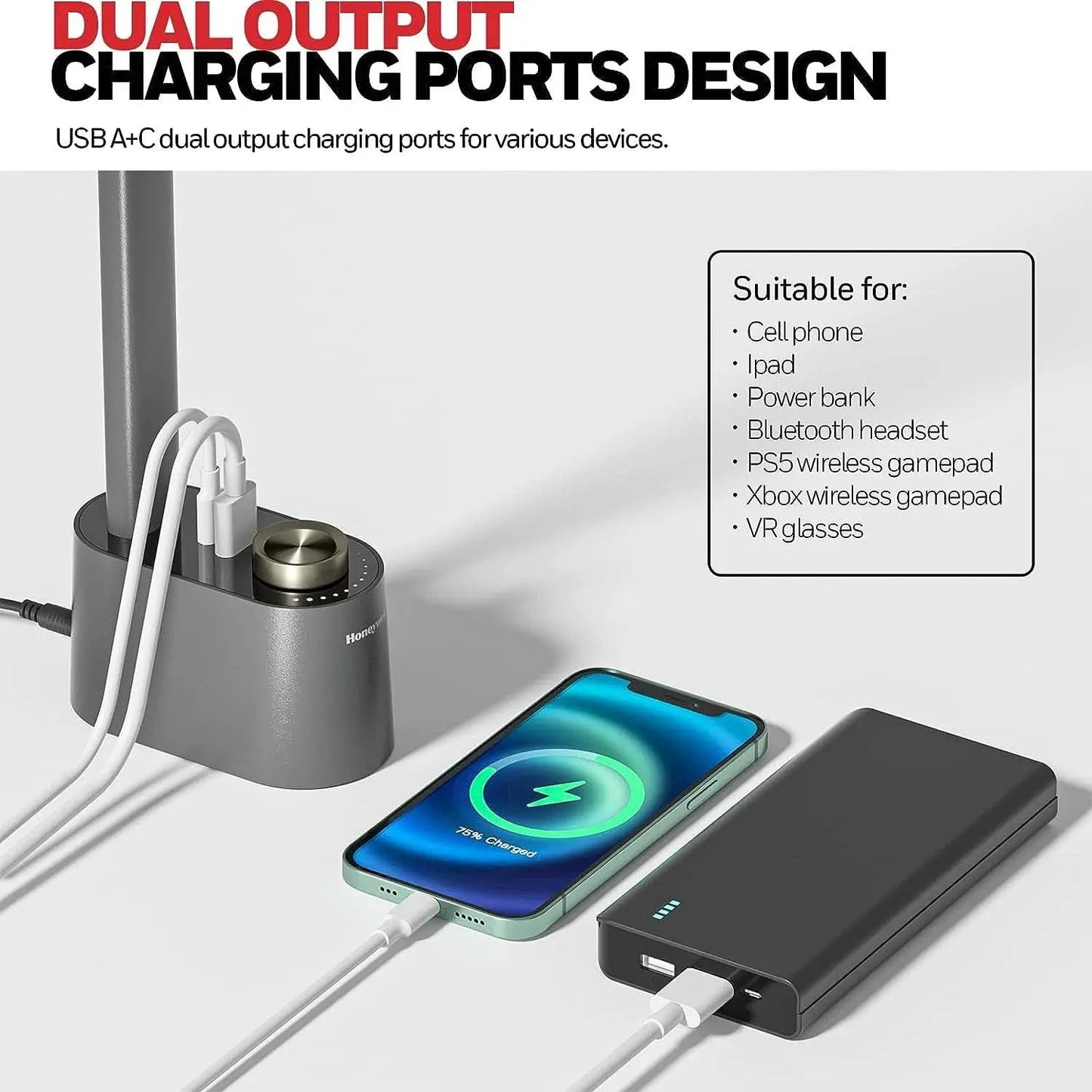 Gray LED Desk Lamp With Stepless Dimming And USB A And C from PriceLows™