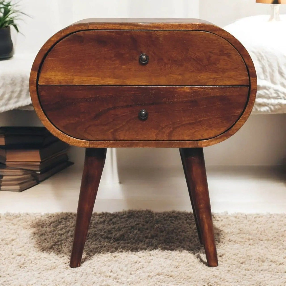 Large Chestnut Circular Bedside Accent Nightstand | 2 Pieces | Mango Wood | Bedroom