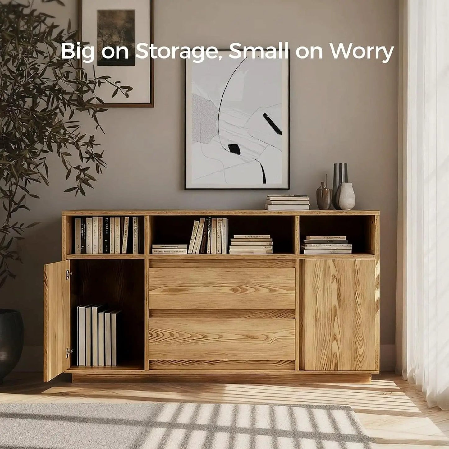 63 Inch Natural Solid Wood Sideboard With Drawers Storage from PriceLows™