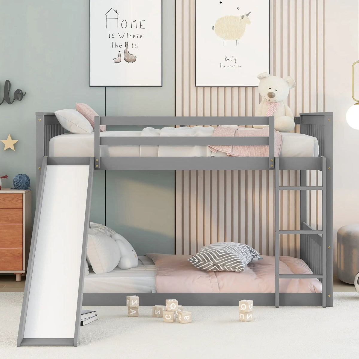 Low Loft Bunk Bed | Built-In Slide And Ladder | Pinewood Frame | Modern Clean Design