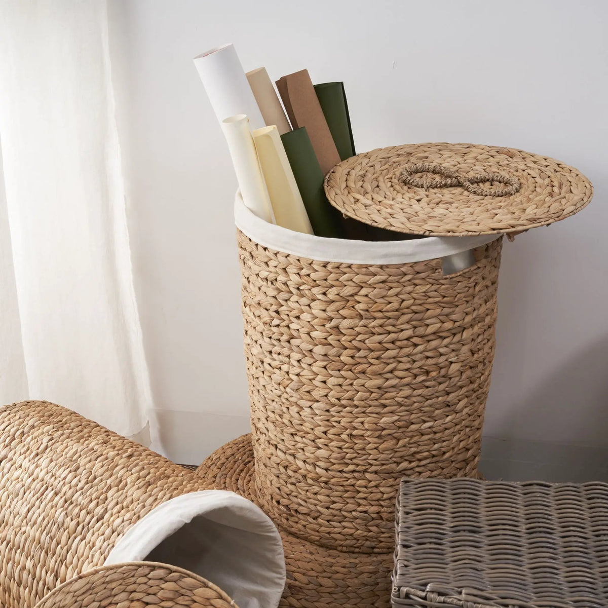 Ludmilla Round Laundry Hamper With Lid | Water Hyacinth Woven Wicker | Tall Storage Basket | 23 Inch Height