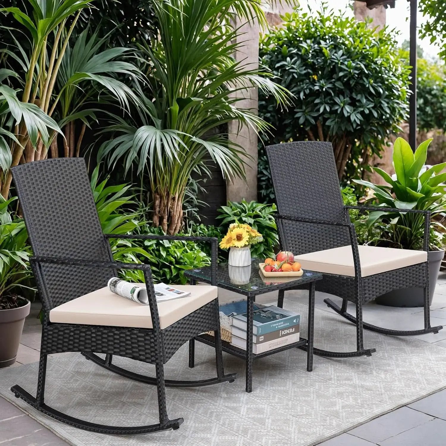 Three Piece Patio Furniture Set Outdoor Wicker Rocking Chairs With Glass Coffee Table Beige from PriceLows™