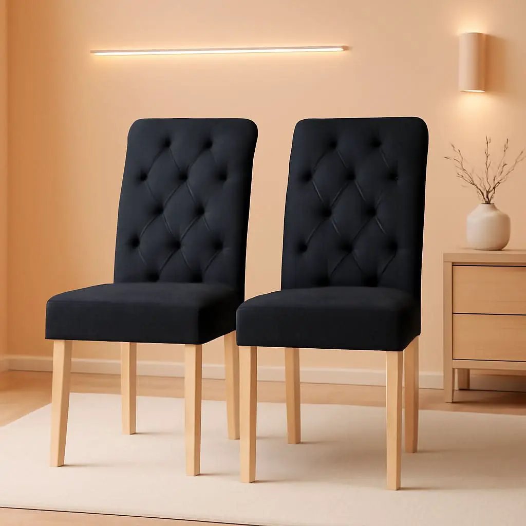 Tufted Upholstered Dining Chair Pair With Solid Wood Legs Black from PriceLows™