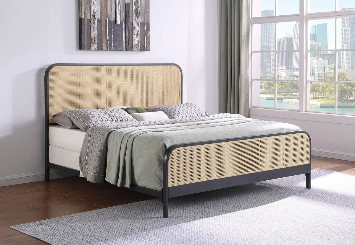 Lanewood Open Cane Webbing Metal Eastern King Bed | 78 x 84.5 x 52 in | Rattan & Metal | Black