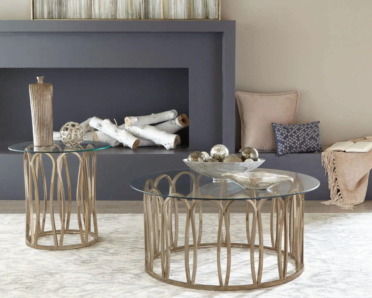 Monett Round Glass Top Coffee Table Chocolate Chrome | 39.25 x 39.25 x 18.75 in | Tempered Glass & Metal | Living Room