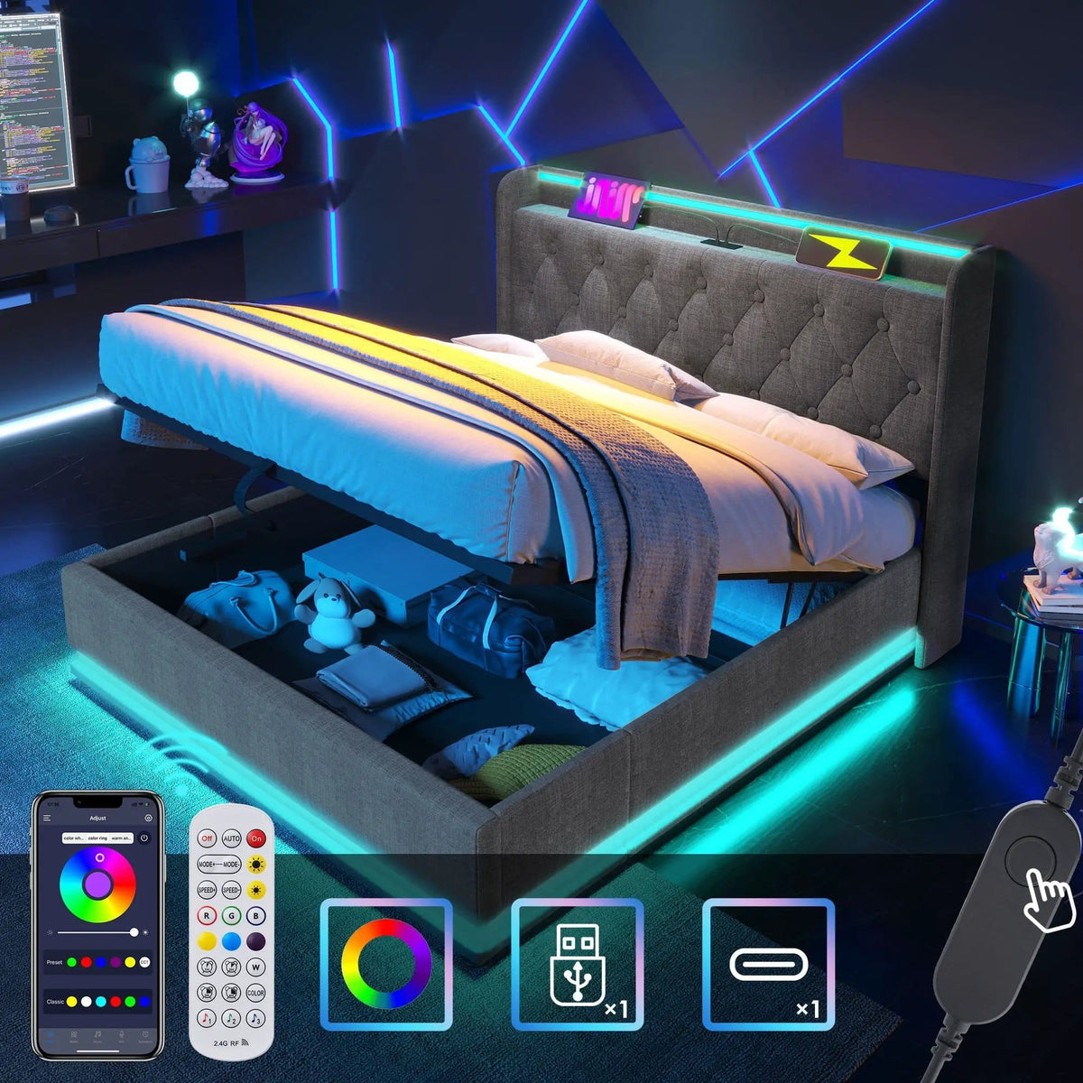 Upholstered Bed, 360 Surround LED Function, Remote Control, Hydraulic Storage Bed | 8 Pieces | Fabric & Iron | Bedroom