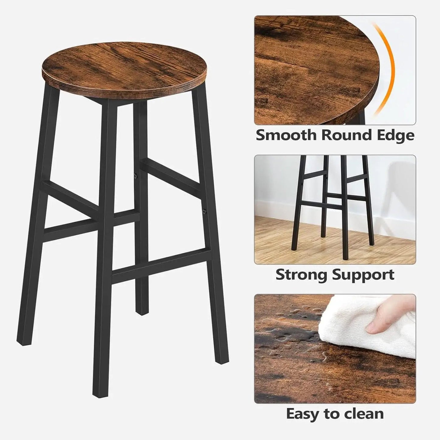 Round Bar Stools Set of 2 With Footrest 24.4 Inch Industrial Rustic Brown from PriceLows™