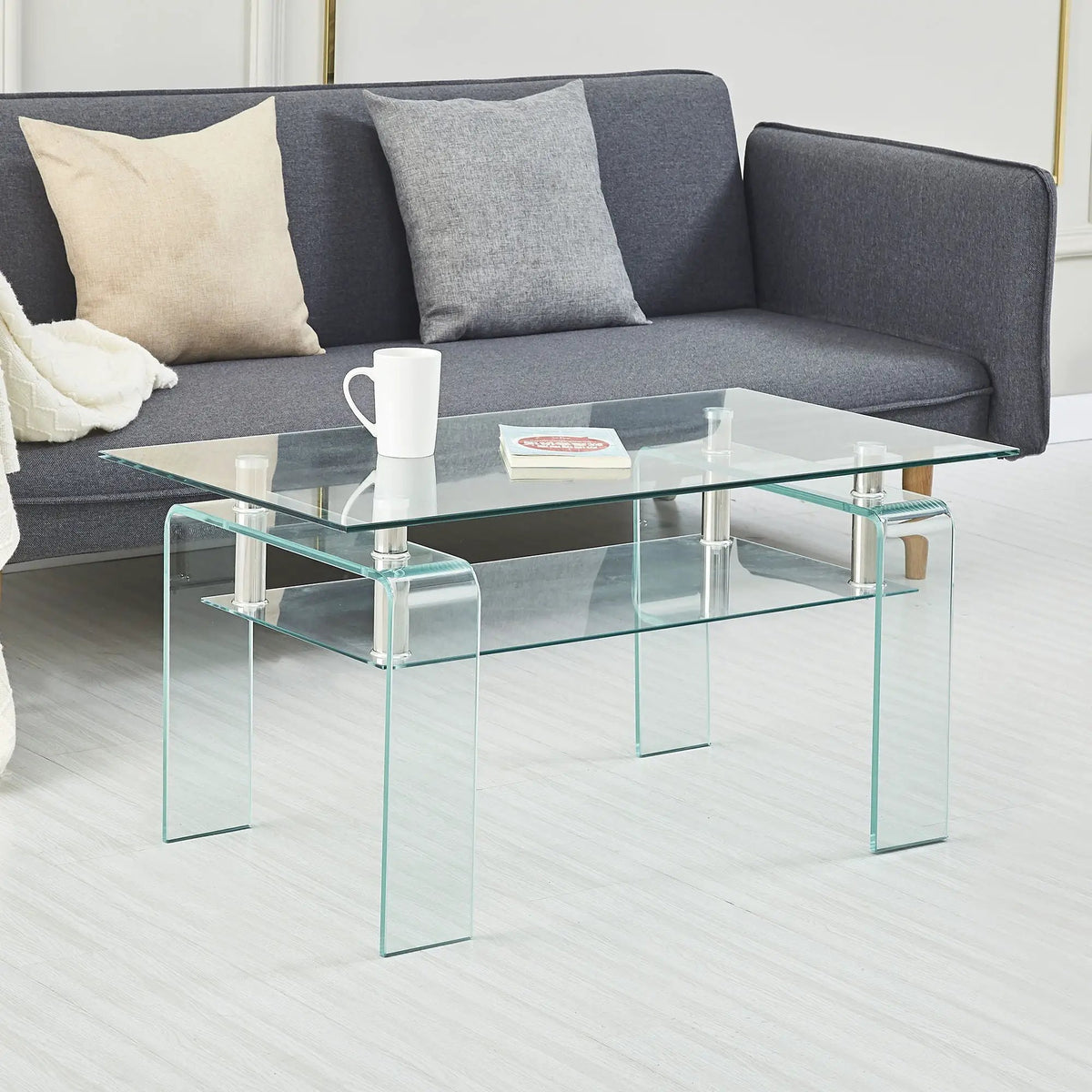 Tempered Glass Coffee Table | Two Tier Storage | Modern Geometric Design