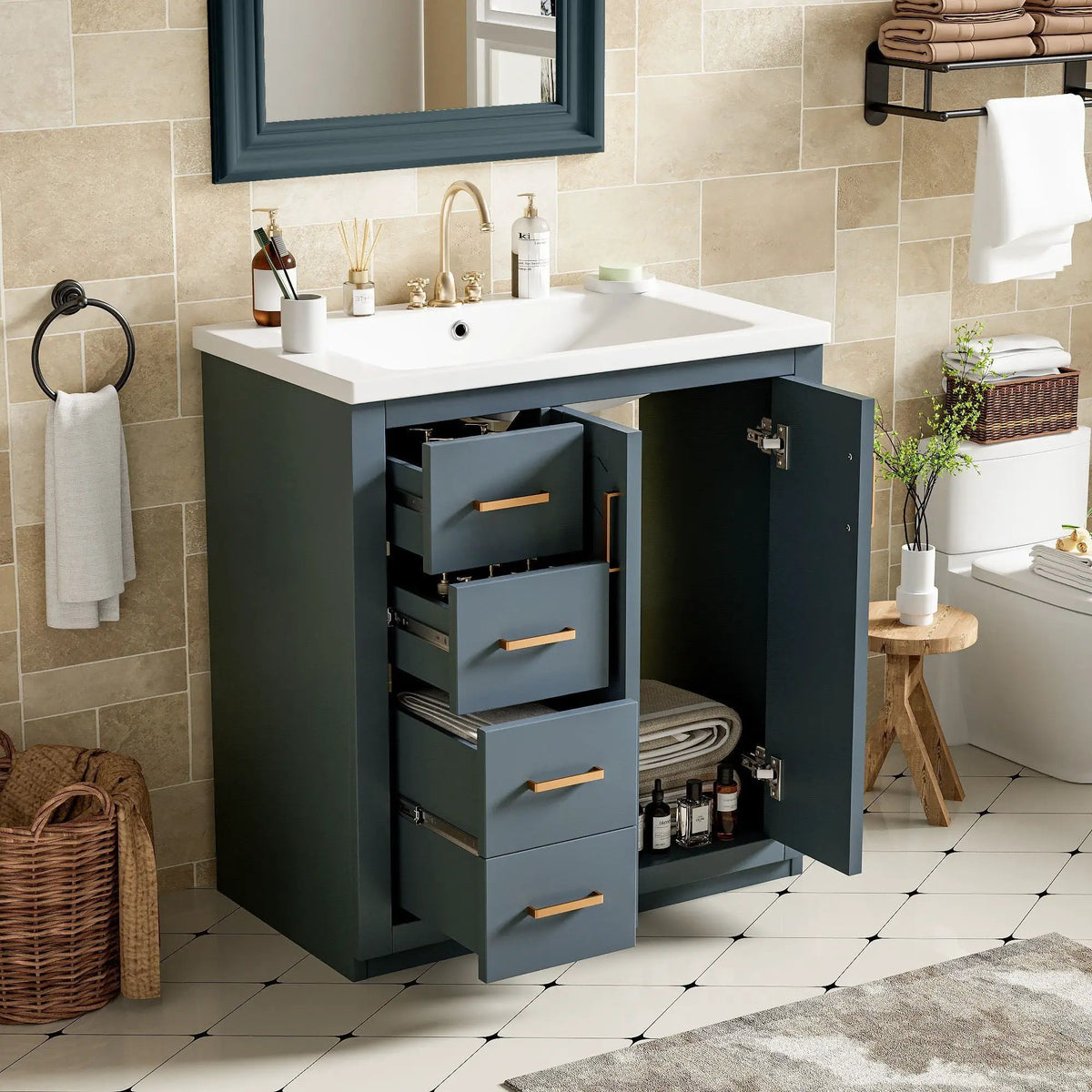 30 Inch Bathroom Vanity | 3 Drawers Soft Close | Solid Wood Ceramic Combo