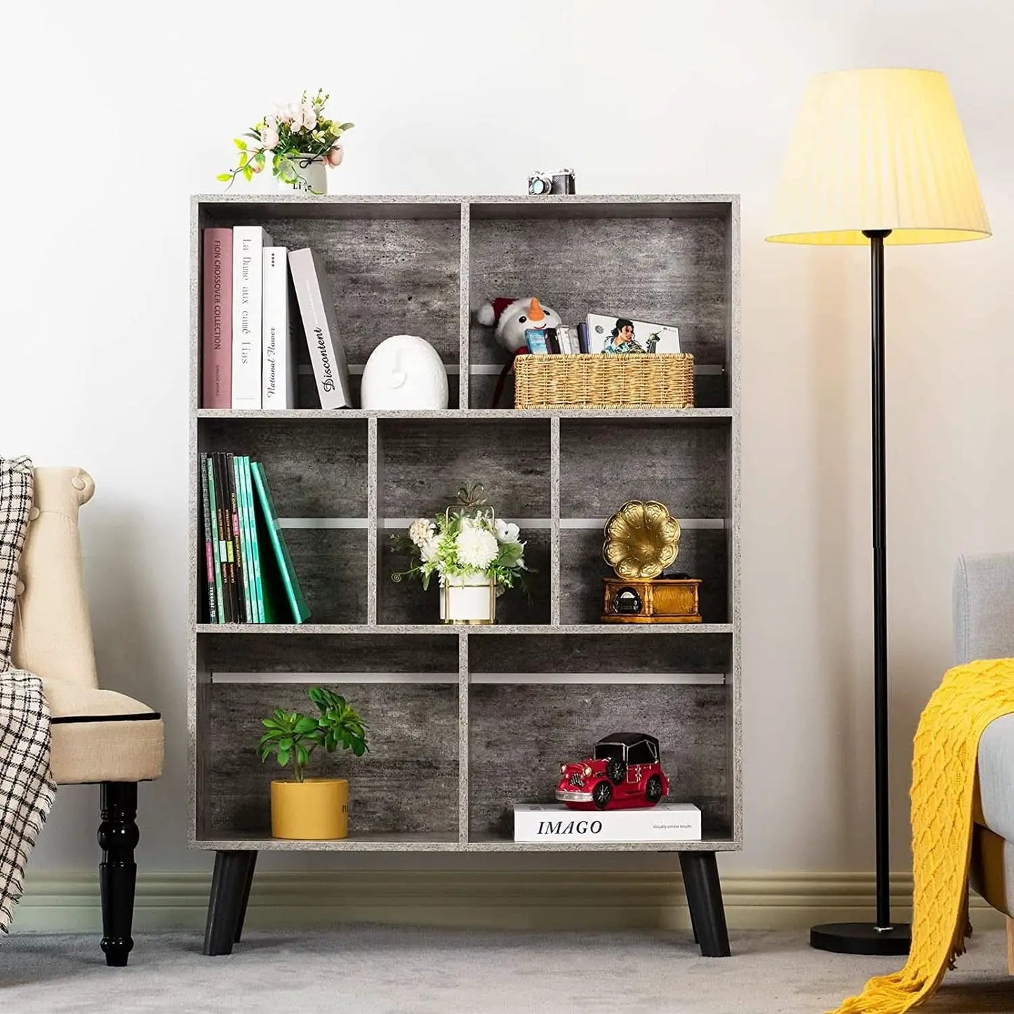 Three Tier Grey Bookshelf For Small Spaces With Crisscross from PriceLows™