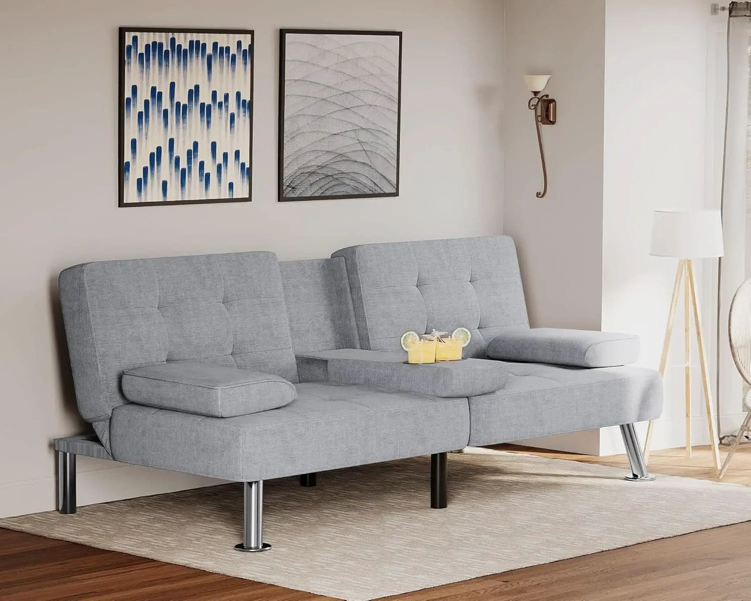Futon Sofa Bed Light Grey Linen With Cup Holders Removable Armrests from PriceLows™