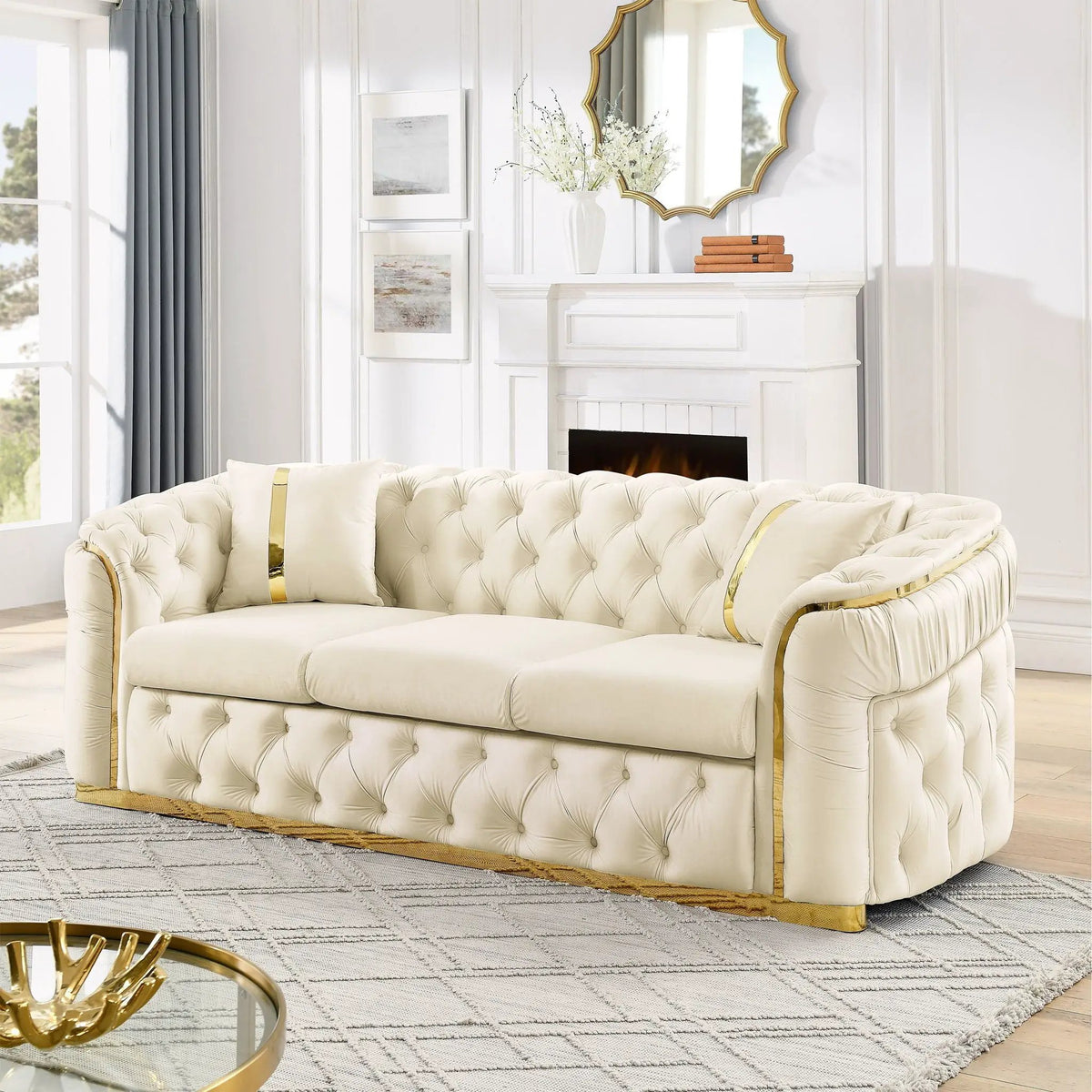 Button Tufted Chesterfield Sofa | 3 Seater | 2 Decorative Pillows | 90.6 Inch Length