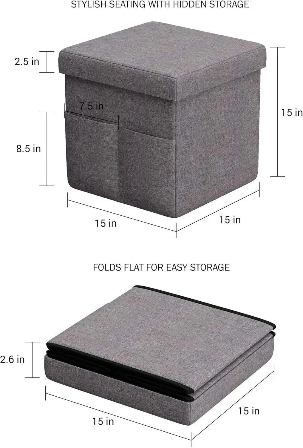 Gray 15 Inch Collapsible Storage Ottomans Compartments from PriceLows™