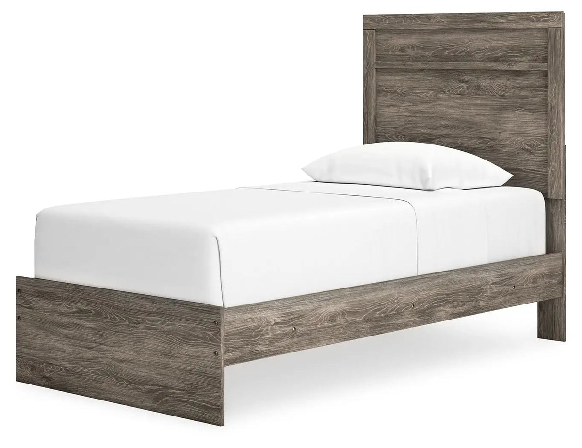 Ralinksi Panel Bed | Rustic Warm Gray Finish | Replicated Oak Grain | Pewter Handles