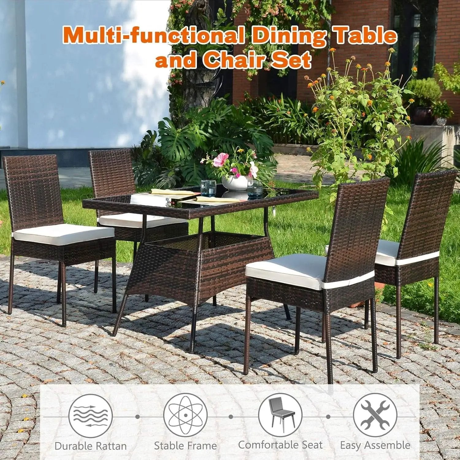 5 Piece Outdoor Patio Wicker Dining Set With Tempered Glass Table from PriceLows™