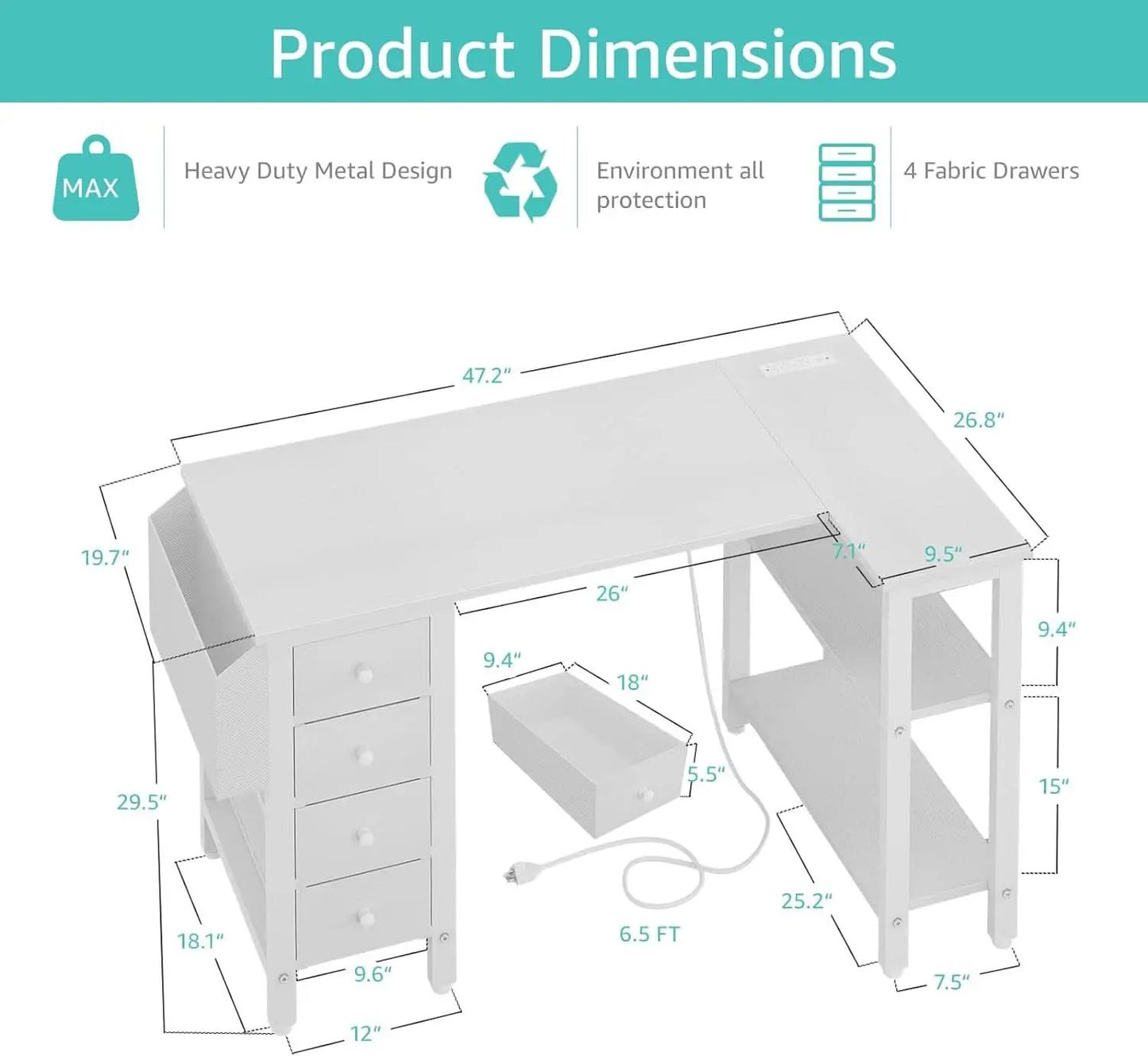 White 47 Inch L Shaped Corner Desk With Reversible Storage from PriceLows™