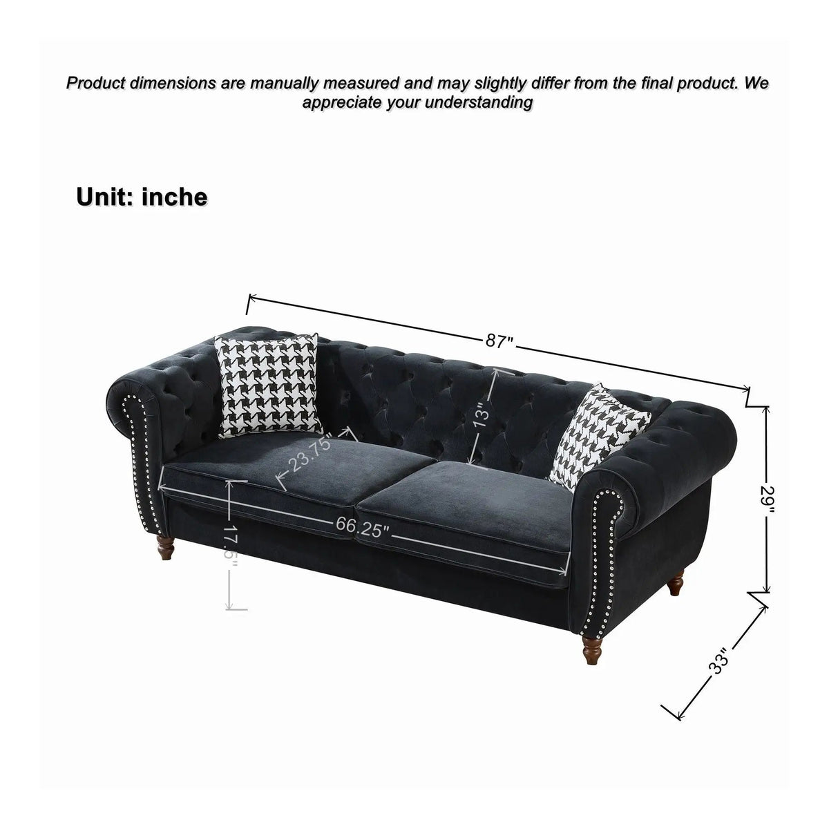 Chesterfield Sofa | Upholstered Fabric | Roll Arms Nailhead | 3 Seater