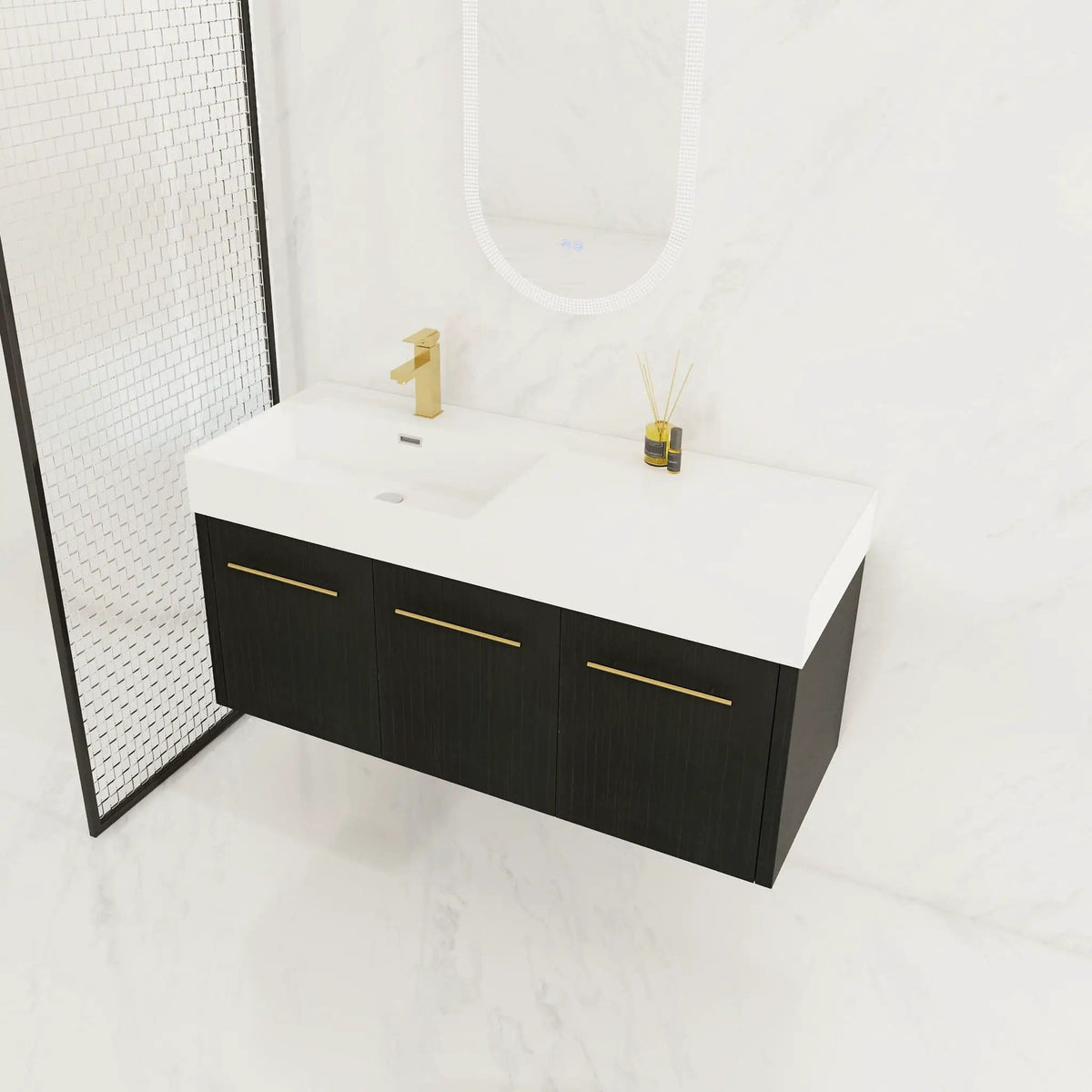 Contemporary 48" Wall Mounted Bathroom Vanity With Resin Sink And Soft Closing Doors | 47.3 x 18.1 x 22.4 in | Stainless Steel & Plywood | Bathroom