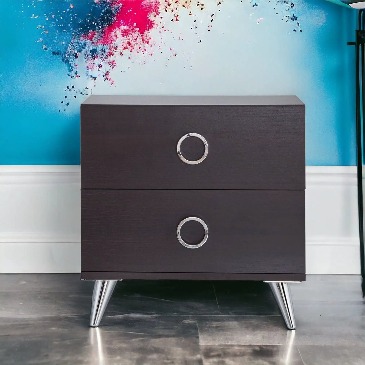 Elms Accent Table Nightstand | Espresso Finish | Two Storage Drawers | Silver Ring Handles
