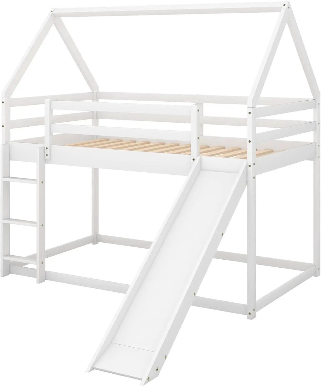 Twin Over Twin House Bunk Bed With Slide Solid Wood from PriceLows™