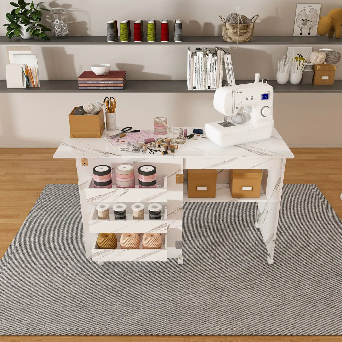 4 In 1 Folding Sewing Table With Lockable Wheels, Multi Functional Craft Station - | 45.67 x 15.75 x 30.71 in | Steel & Mdf | White