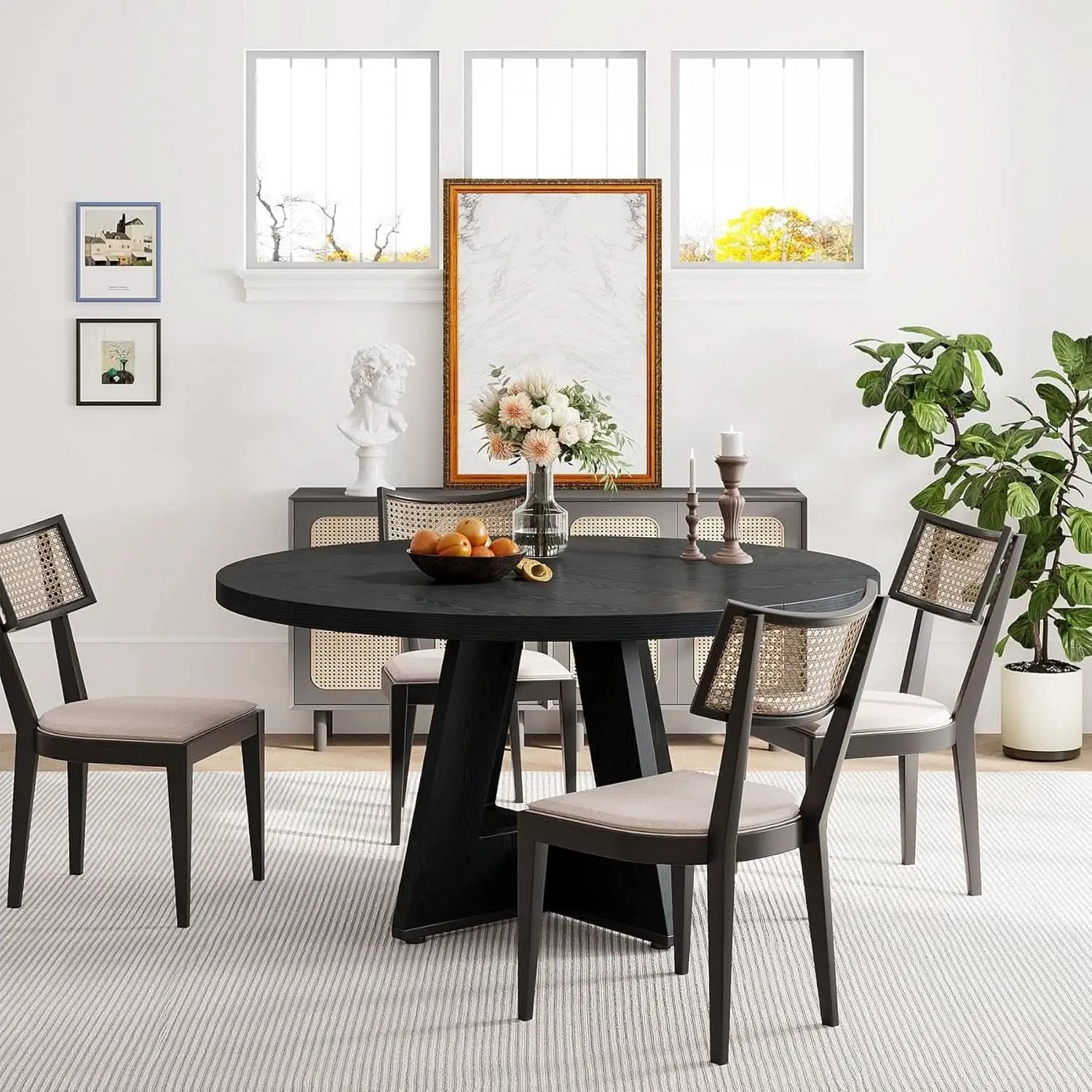 Round Wood Dining Table Farmhouse 47 Inch For Dining Room With Cross Base Black from PriceLows™