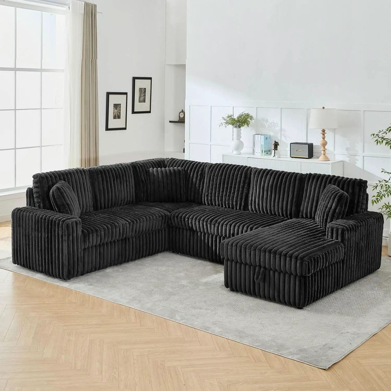 Black 122Inch U Shaped Sleeper Sectional USB Charging Ports from PriceLows™