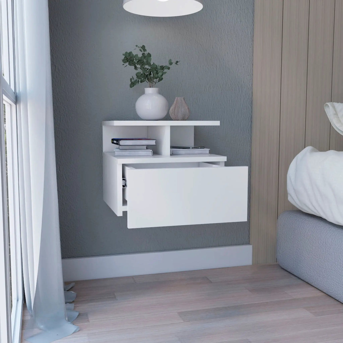 Floating Nightstand Wall Mounted | Single Drawer | Two Tier Shelf | White