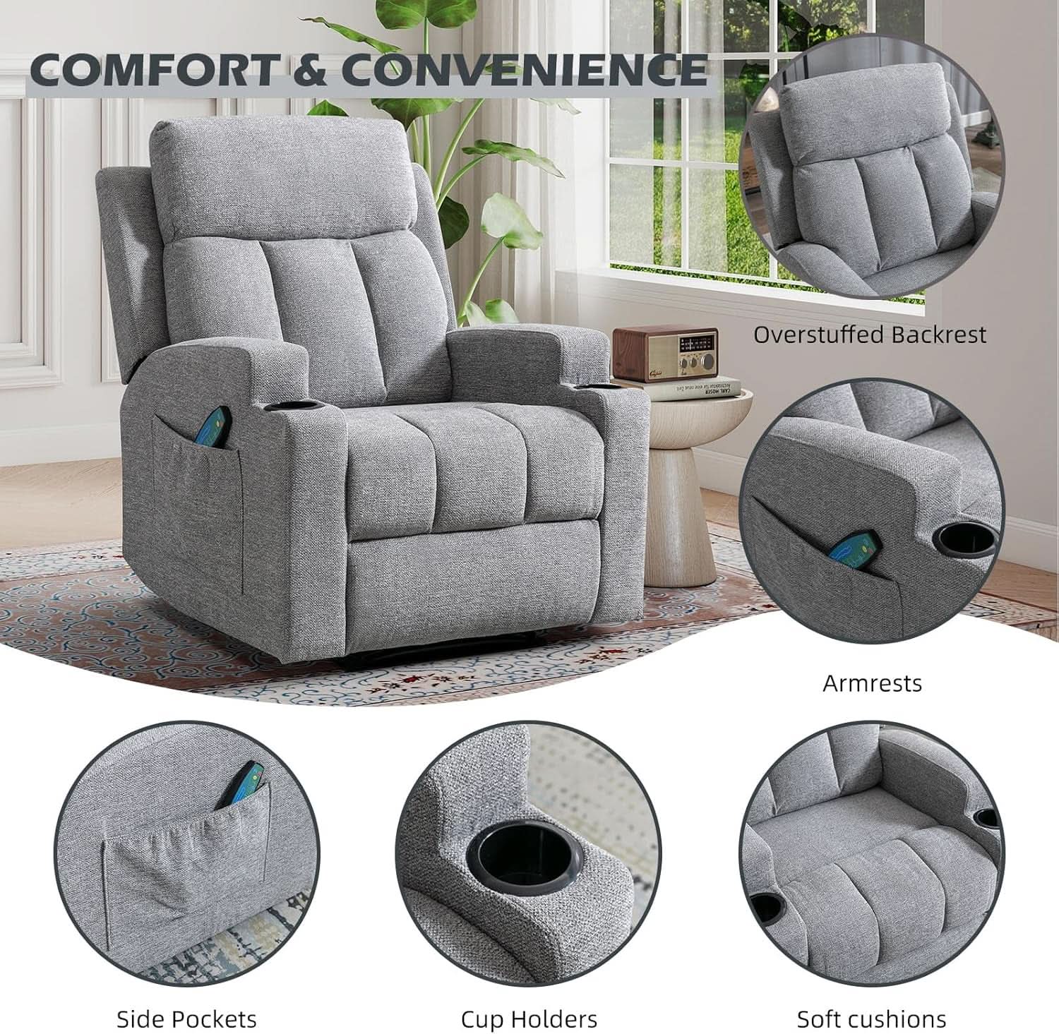 Light Grey Upholstered Manual Recliner With Massage from PriceLows™