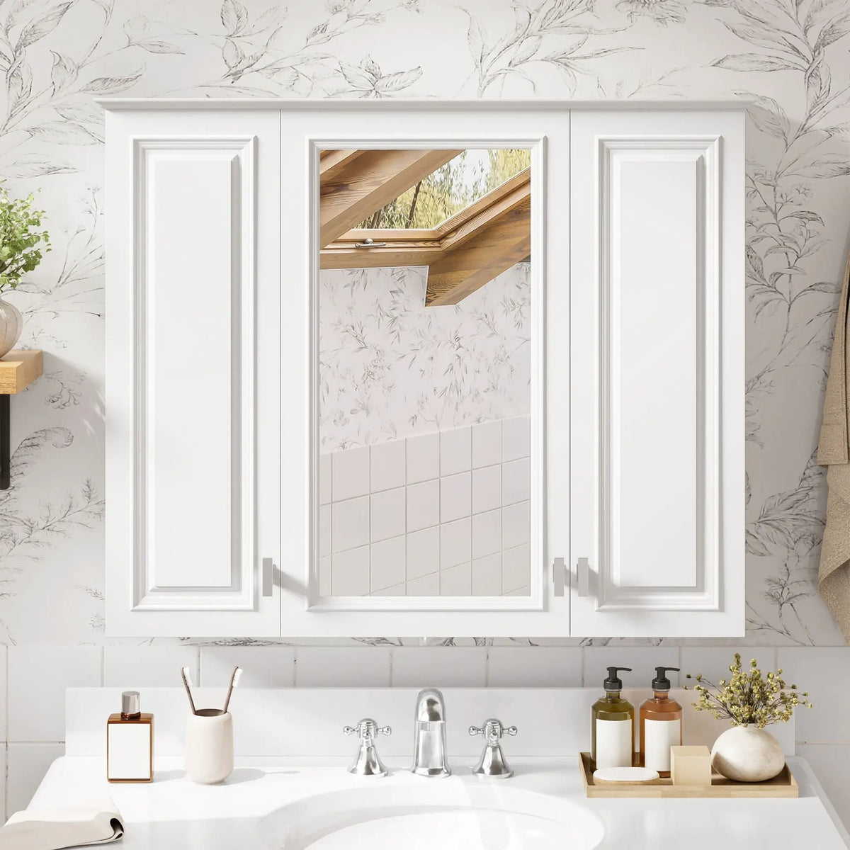 Wall Mounted Mirror Cabinet | 5 Adjustable Shelves | HD Mirror | White