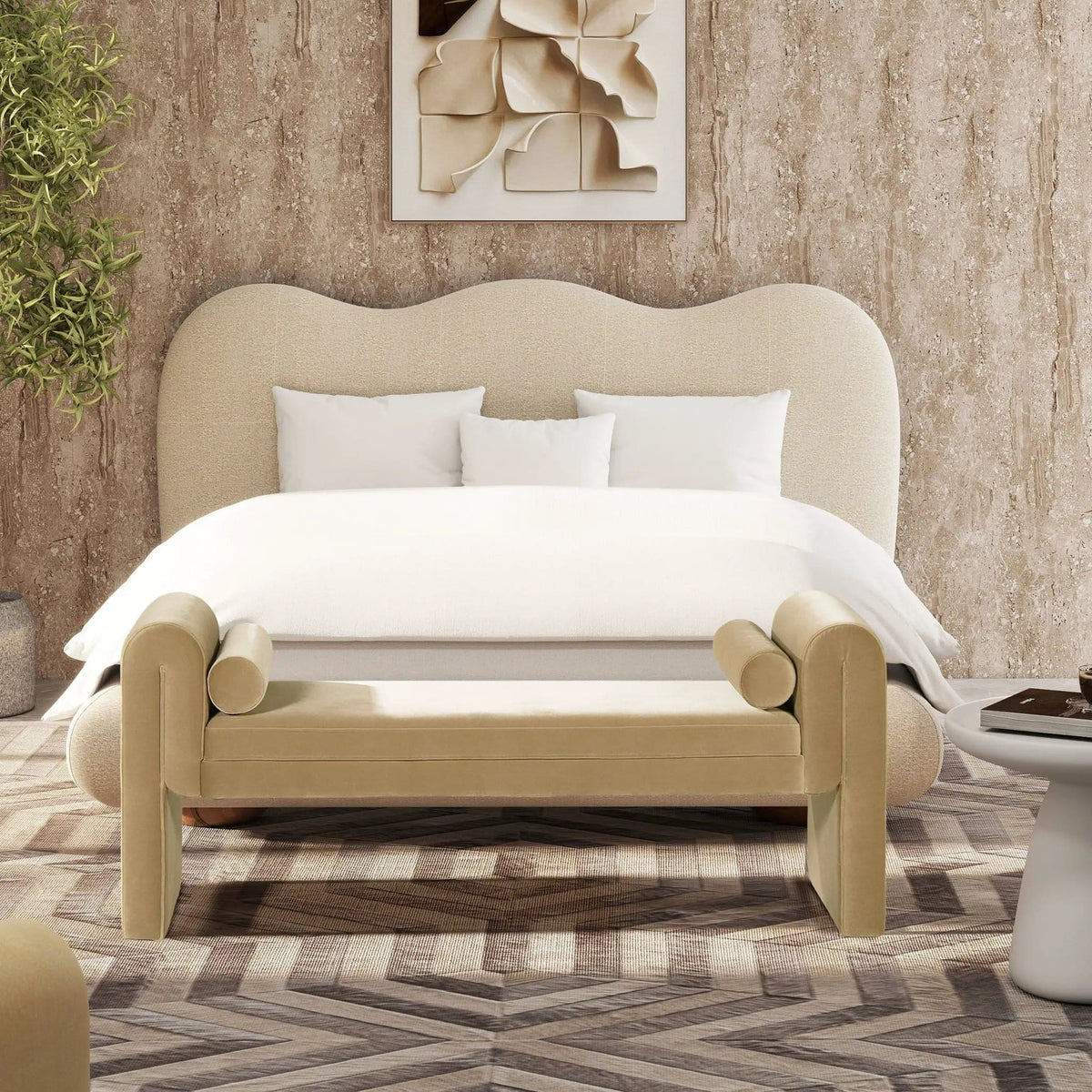 Mason Arched Arm Bench With Bolster Pillows | 60.5 x 18 x 25 in | Velvet & Polyester | Camel Brown Beige