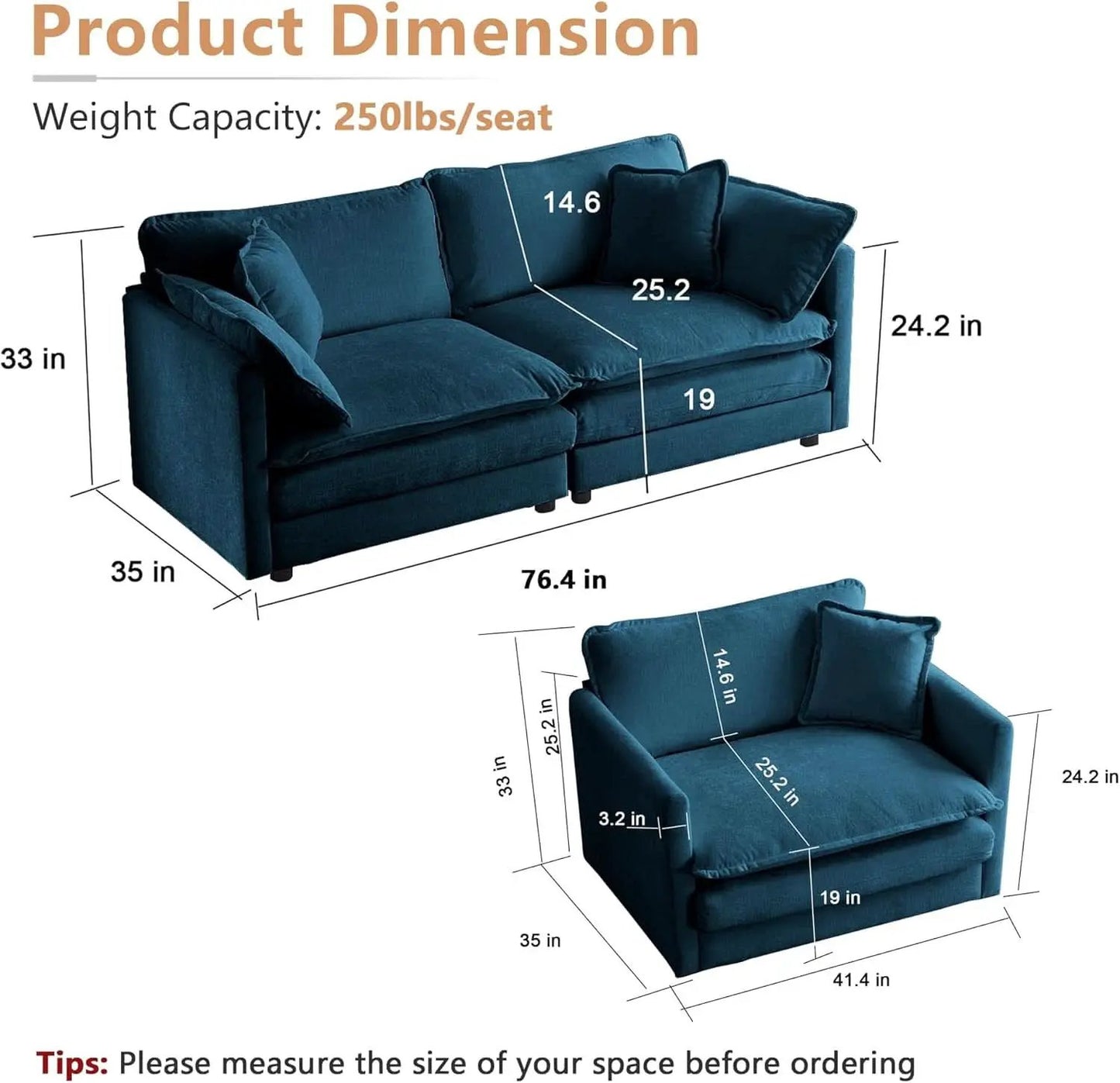 Blue Chenille Upholstered 2 Piece Loveseat And Armchair Set from PriceLows™