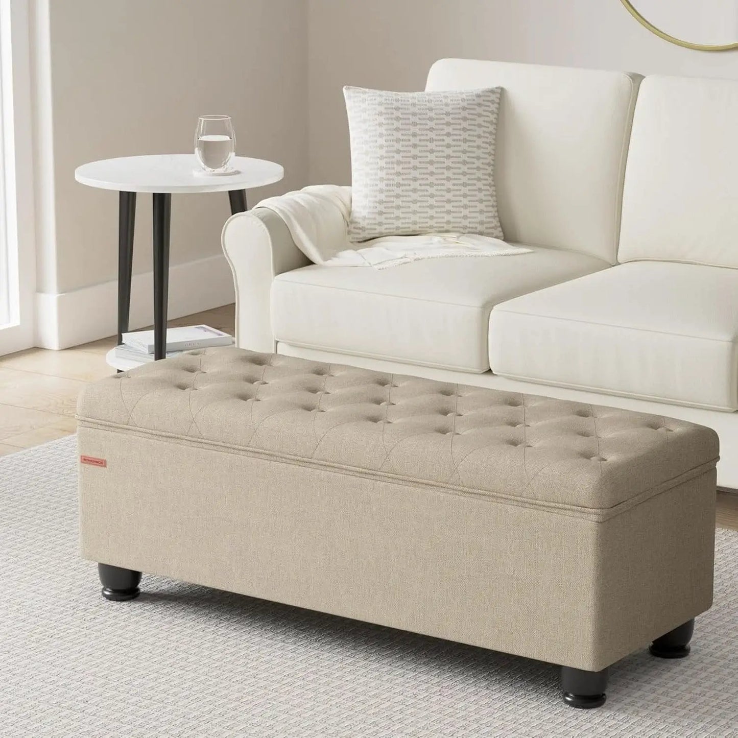 Camel Brown Linen Storage Ottoman Bench Reinforced from PriceLows™