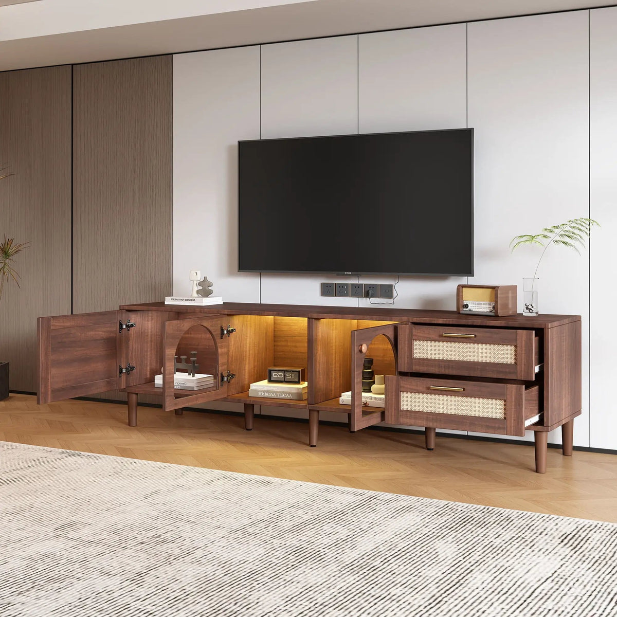 TV Stand | App Controlled LED Lights | Rattan Door Storage | Large TV