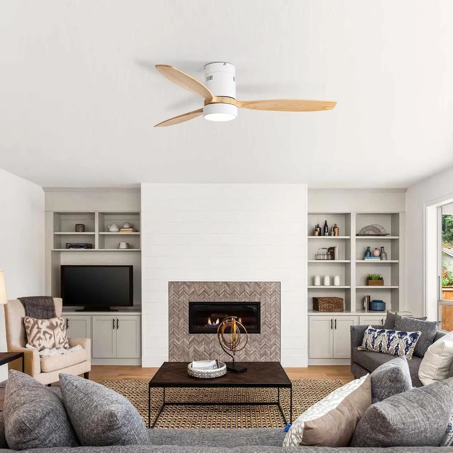 52 Inch White Wood Ceiling Fan With LED Light And Remote from PriceLows™