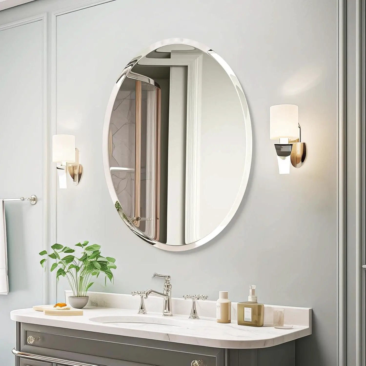 20x28 Inch Oval Frameless Bathroom Mirror Beveled Edge from PriceLows™