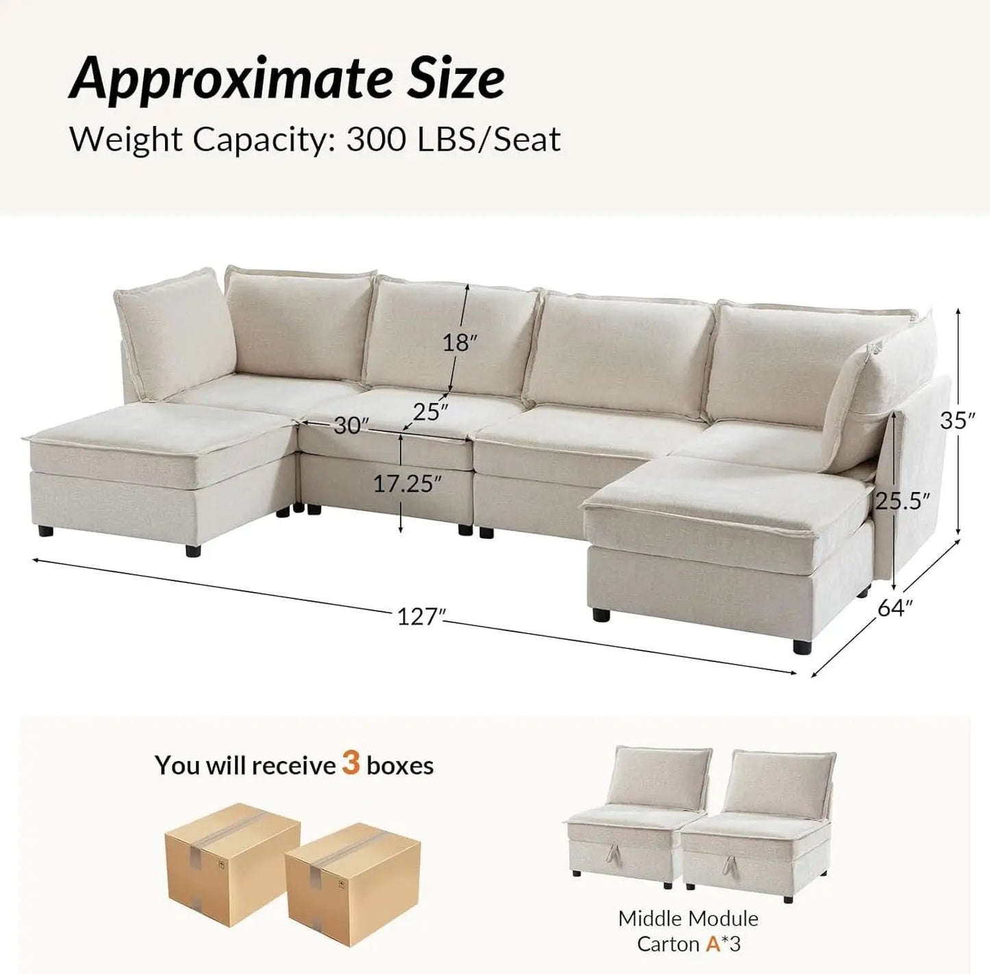127 Inch Modular Sectional Sofa Beige with Storage Ottoman from PriceLows™