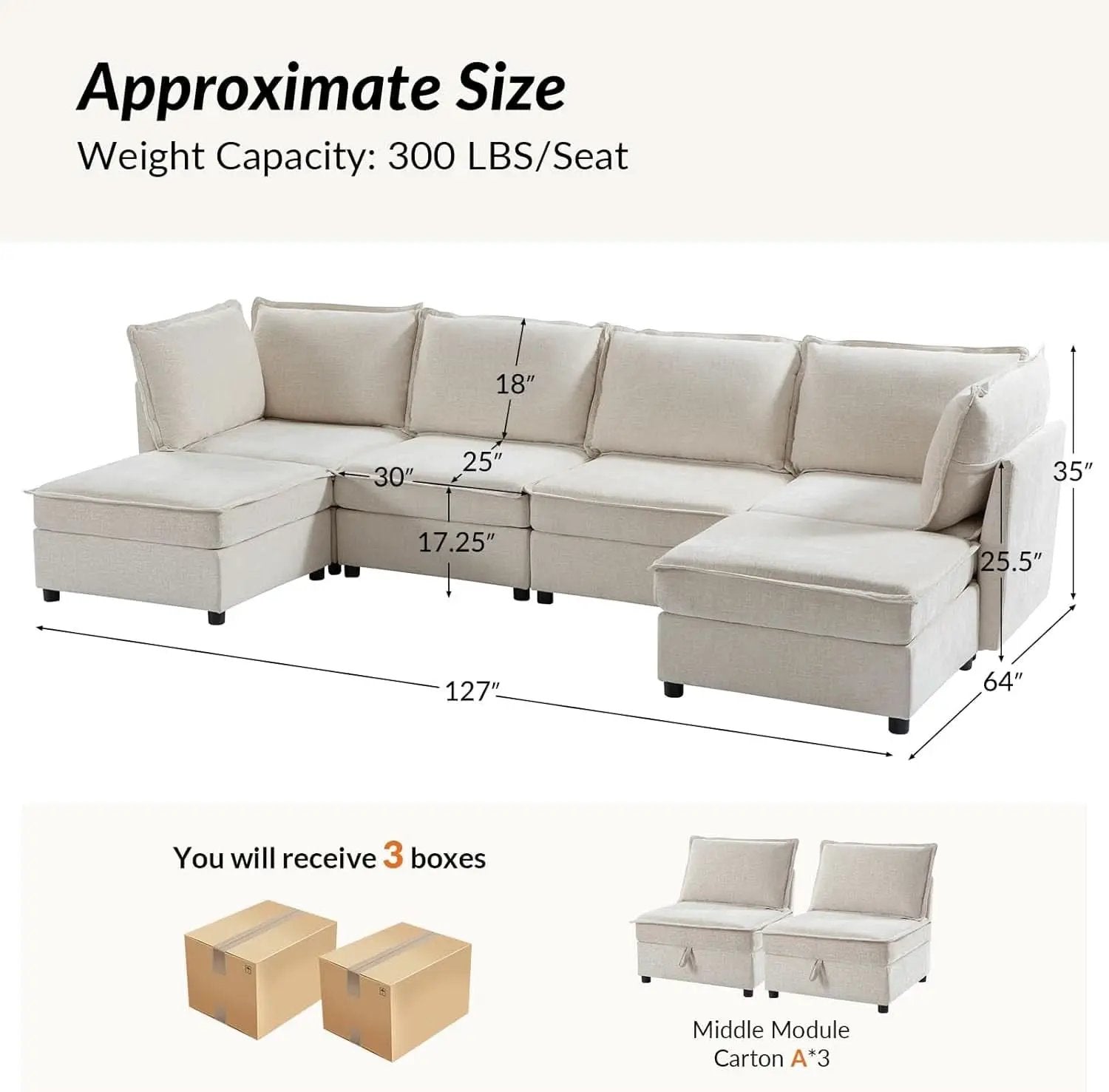 127 Inch Modular Sectional Sofa Beige with Storage Ottoman from PriceLows™