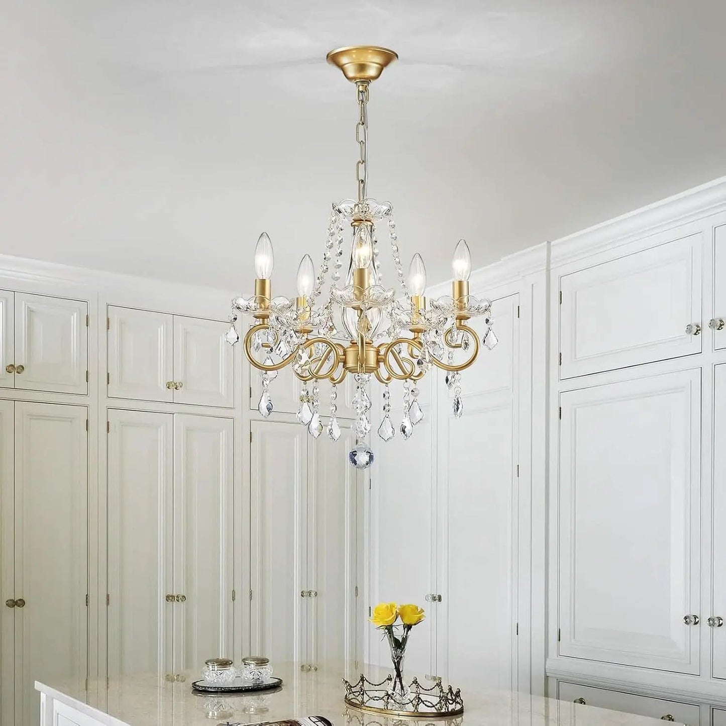 Gold Mini Crystal Chandelier With Five Bulbs Living Room from PriceLows™