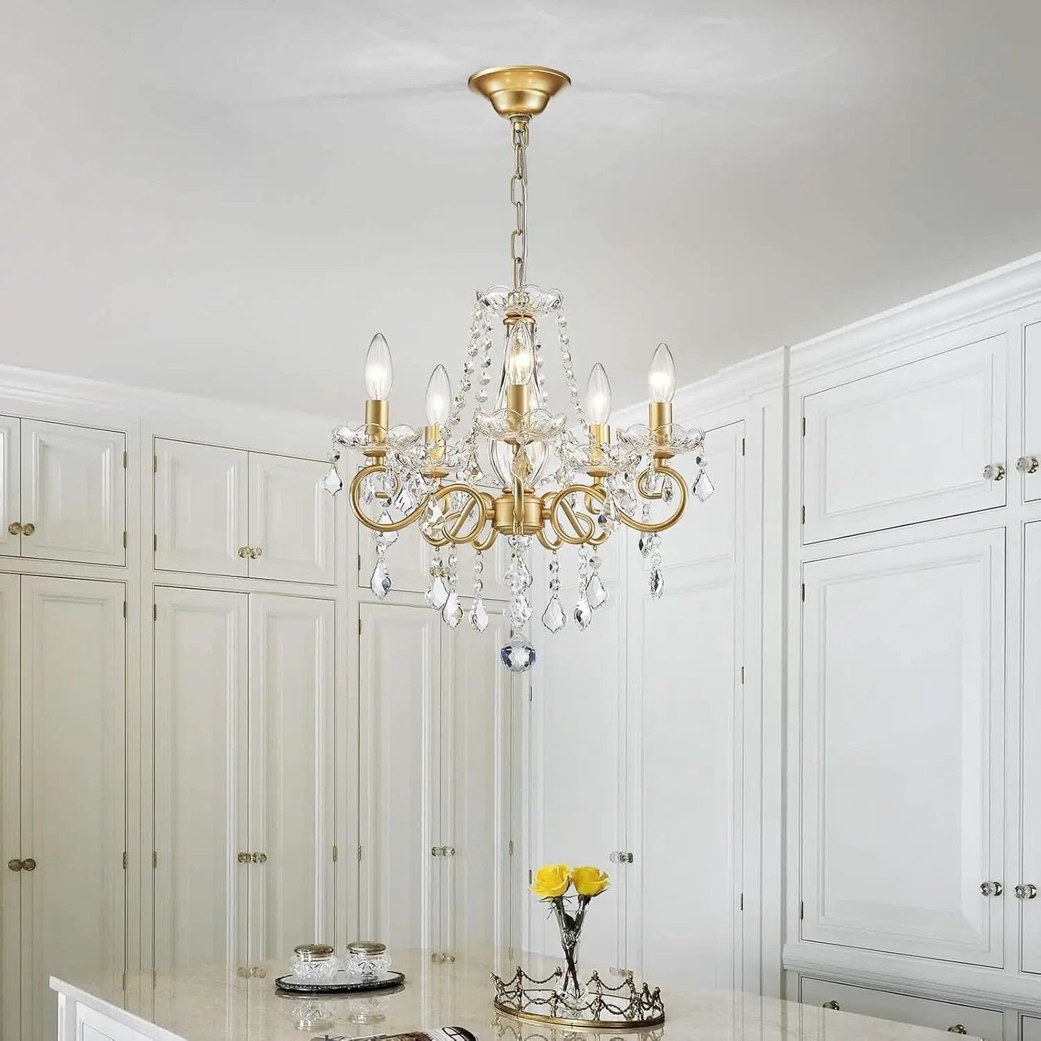 Gold Mini Crystal Chandelier With Five Bulbs Living Room from PriceLows™