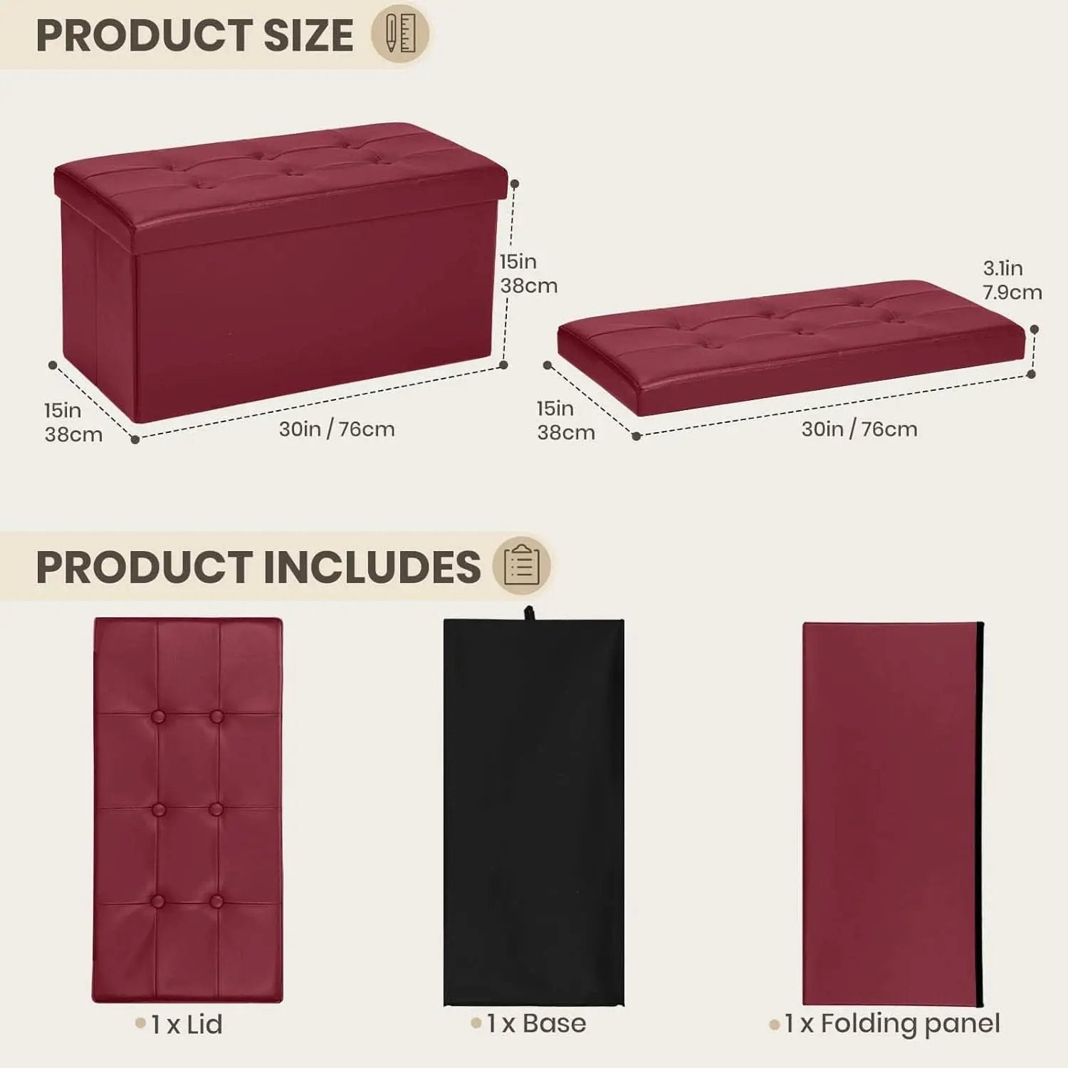 Ottoman Storage Bench 30x15x15 Inches Burgundy Leather from PriceLows™