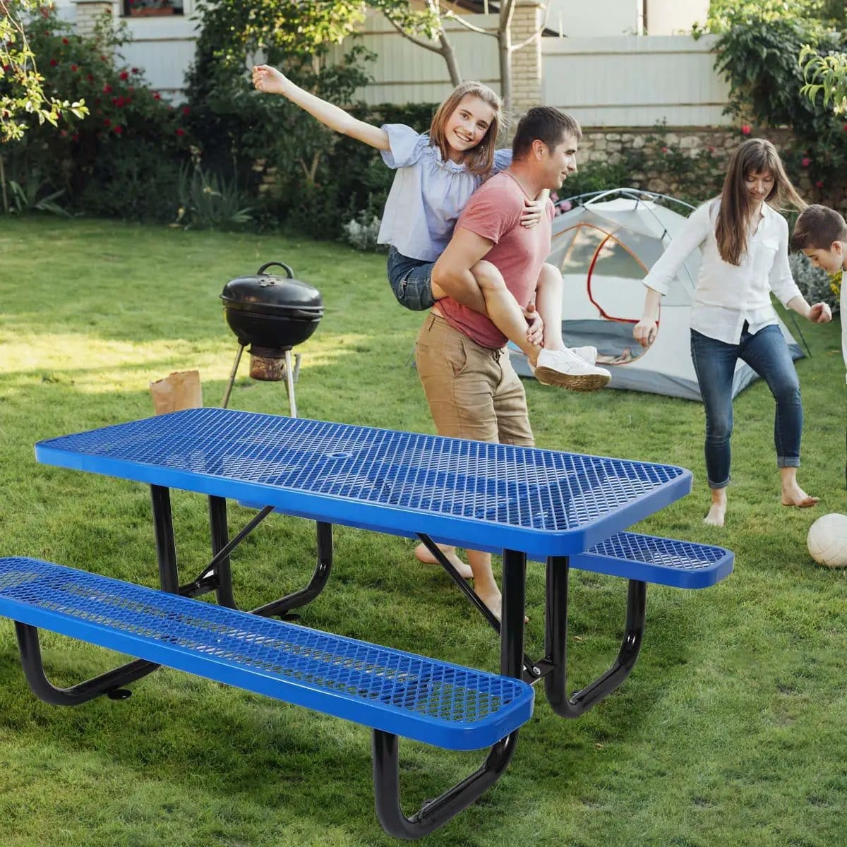 Outdoor Steel Picnic Rectangular Table With Umbrella Pole | 3 Pieces | Steel & Metal | Dining Room